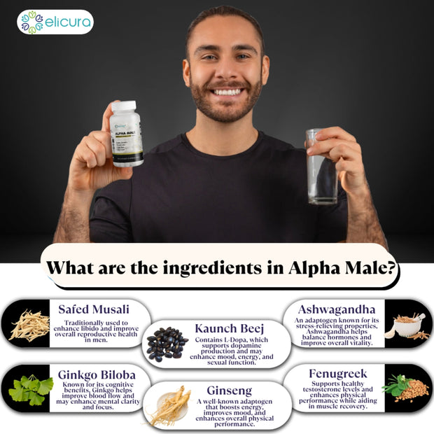 Elicura Alpha Male | Natural Testosterone Booster for Men | 60 Veg Capsules