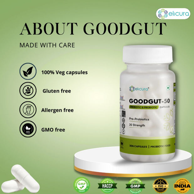 Elicura GoodGut-50 | Pre & Probiotic Supplement | 50 Billion CFU