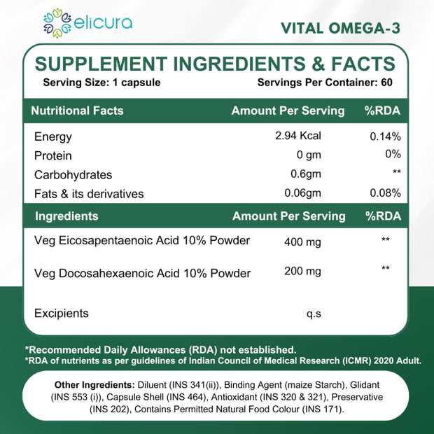 Elicura Vital Plant-based Omega-3 Supplement | 60 Veg Capsules with EPA & DHA