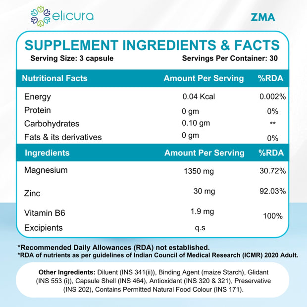 Elicura ZMA Supplement | 90 Veg Capsules for Sleep & Recovery